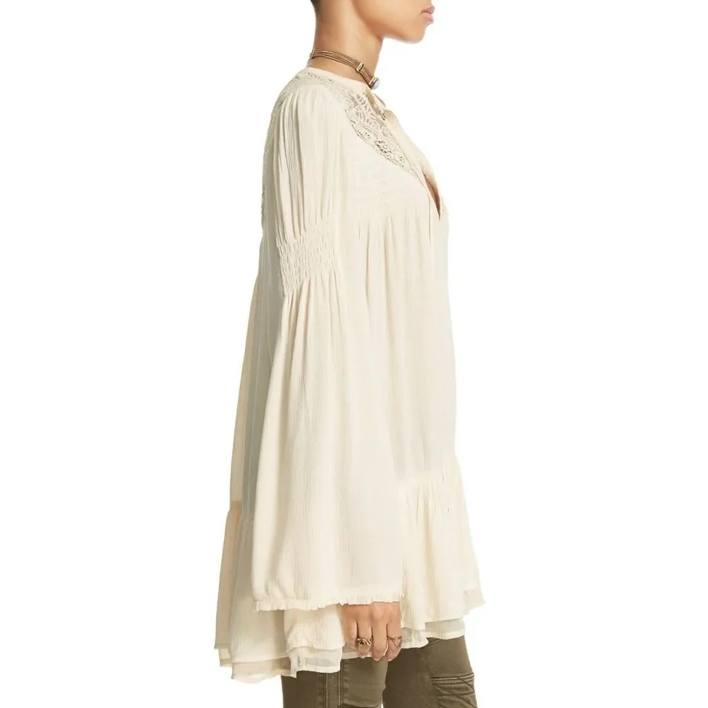New! FREE PEOPLE Victorian Lace Tunic Prairie Top Size M Color Ivory Long Sleeve